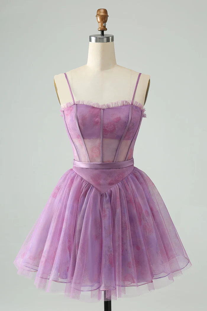 Weitese Dress Chic Purple A Line Spaghetti Straps Floral Corset Short Homecoming Dress Sleeveless Party Dress
